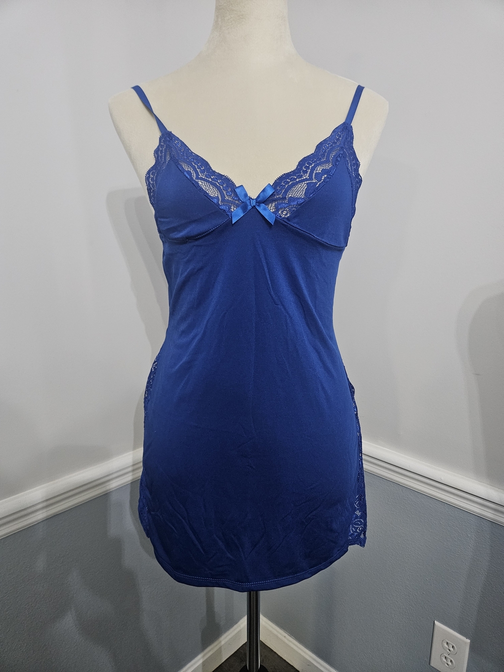 Royal Blue Lace-Trim Chemise with Bow Accent